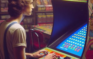Jugendlicher in Latzhose am Spielautomaten